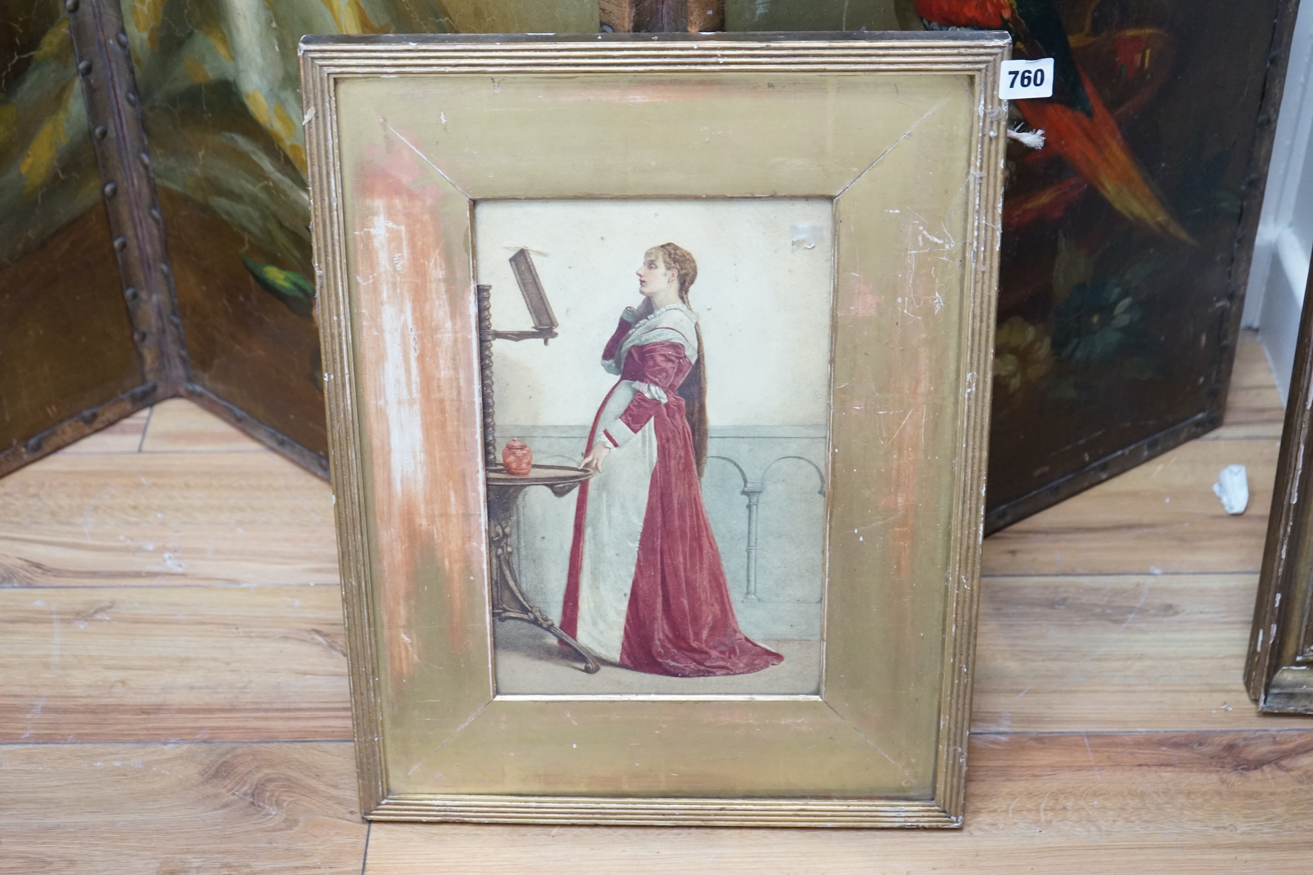 Pre-Raphaelite school, watercolour, Full-length study of a woman in an interior, unsigned, 33.5 x 20.5cm, unframed. Condition - poor to fair, fading and discolouration